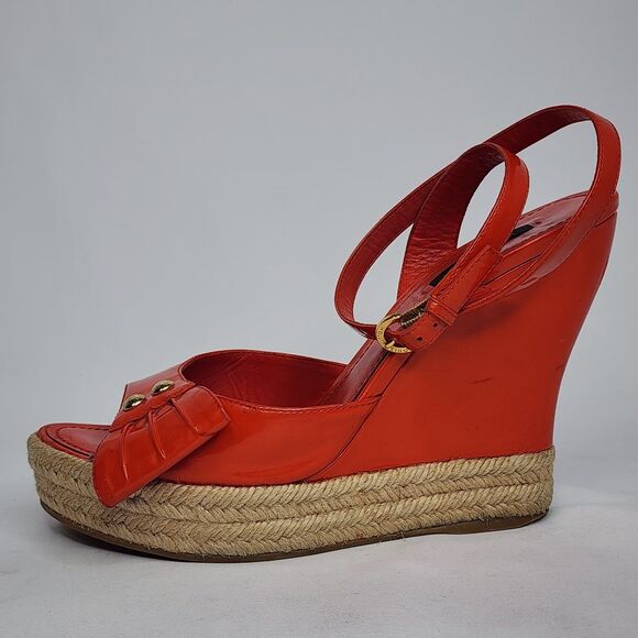 Louis Vuitton Red Patent Leather Espadrille Wedge Sandals Gold Hardware Size 40 - Picture 4 of 16